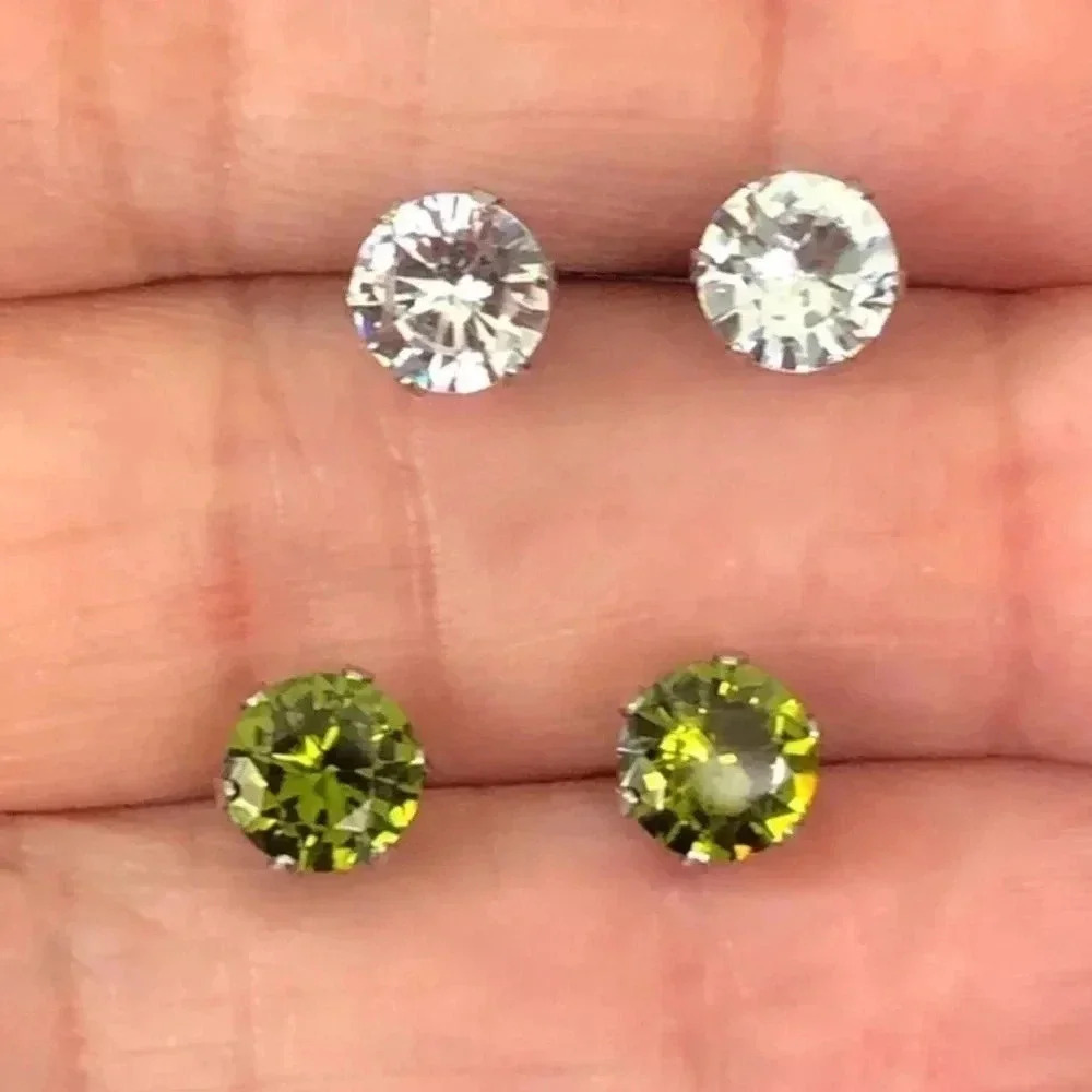 Crystal Diamond & Green Peridot 6mm Stainless Steel Stud Earrings NWT